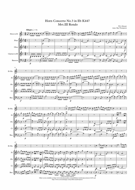 Mozart Horn Concerto No 3 In Eb K447 Mvt Iii Rondo Wind Quintet Horn Feature Sheet Music