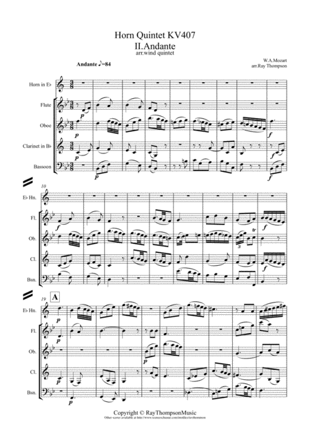 Free Sheet Music Mozart Horn Quintet Kv407 Mvt Ii Andante Wind Quintet