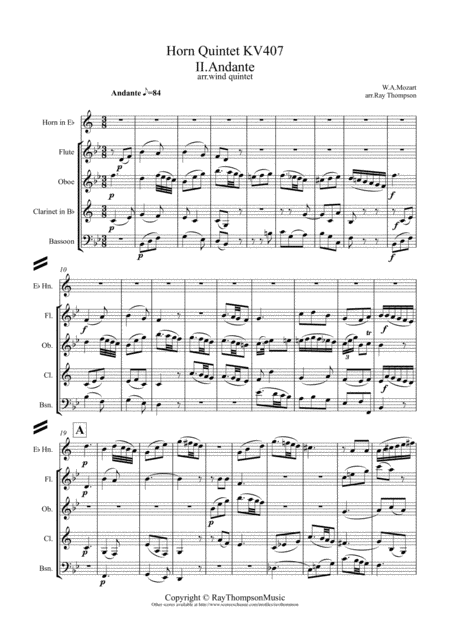 Mozart Horn Quintet Kv407 Mvt Ii Andante Wind Quintet Sheet Music