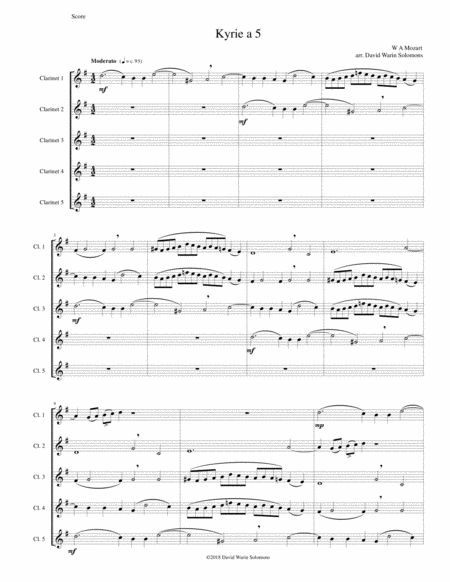 Mozart Kyrie Canon A 5 Arranged For 5 Clarinets Sheet Music