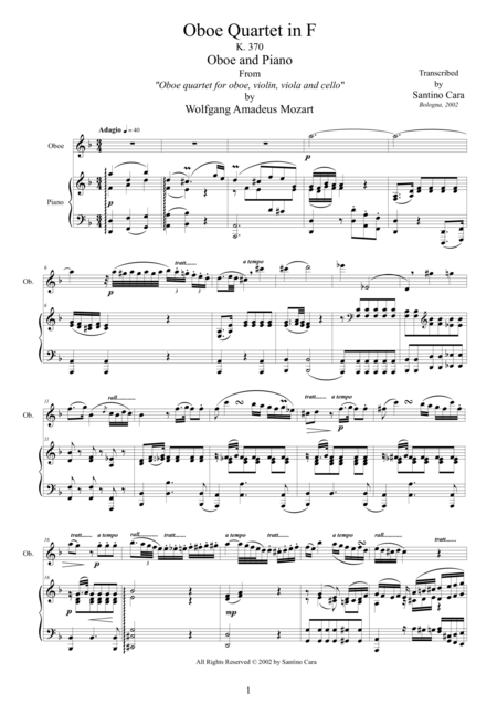 Free Sheet Music Mozart Oboe Quartet In F Major K370 2 Adagio Oboe And Piano