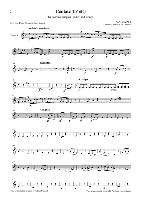 Free Sheet Music Mozart Orchestrated Connell Cantate Kv619 Violin 2