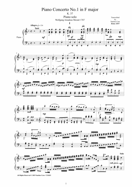 Mozart Piano Concerto No 1 In F Major K 37 For Piano Version Sheet Music