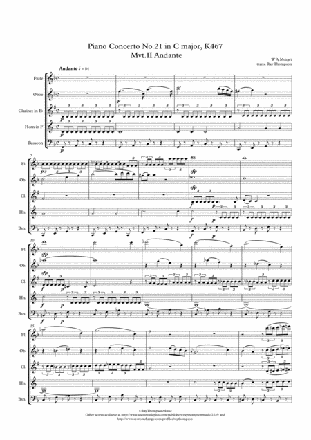 Mozart Piano Concerto No 21 In C Elvira Madigan K467 Mvt Ii Andante Wind Quintet Sheet Music