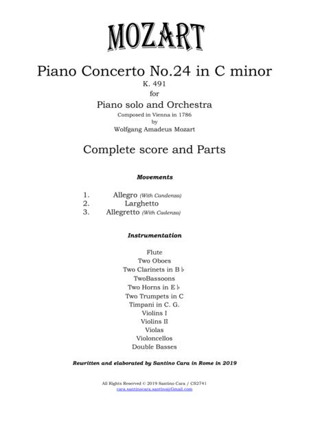 Mozart Piano Concerto No 24 In C Minor K 491 For Piano And Orchestra Score And Parts Sheet Music