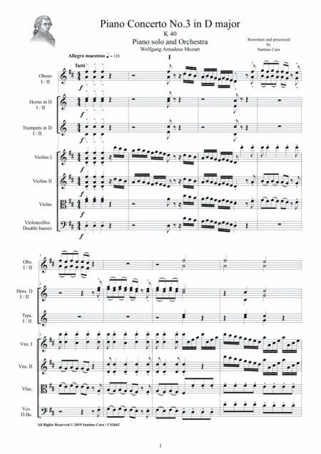 Mozart Piano Concerto No 3 In D Major K 40 For Piano Solo And Orchestra Score And Parts Sheet Music