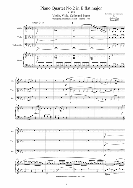 Mozart Piano Quartet No 2 In E Flat K 493 For Violin Viola Cello And Piano Score And Parts Sheet Music