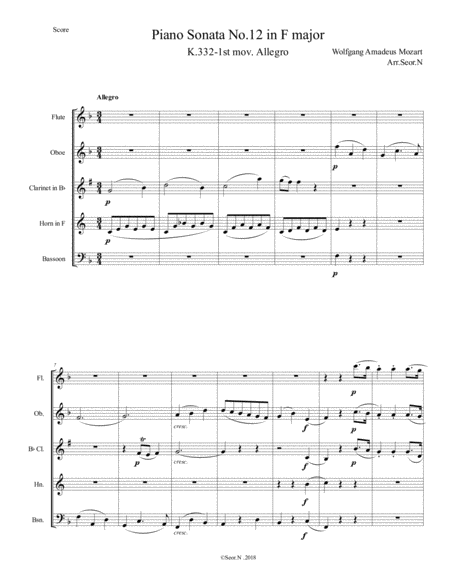 Mozart Piano Sonata No 12 In F Major K 332 1st Mov For Woodwind Quintet Sheet Music