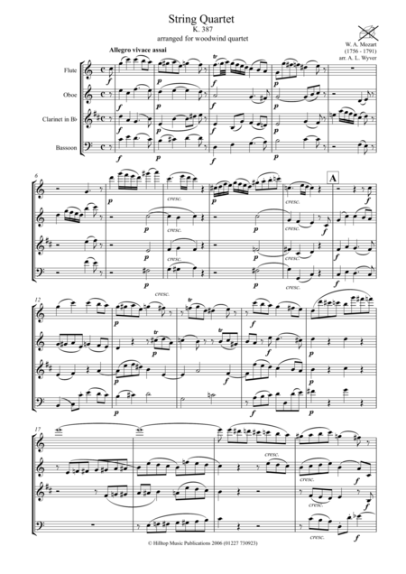 Mozart Quartet K 387 Arr For Woodwind Quartet Sheet Music