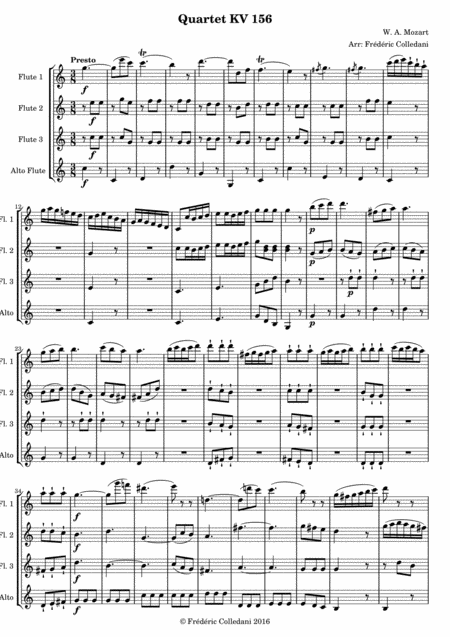 Free Sheet Music Mozart Quartet Kv 156 Presto Version For Flute Quartet Or Flute Choir