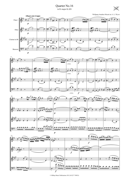 Mozart Quartet No 16 K 428 Arr Woodwind Quartet Sheet Music