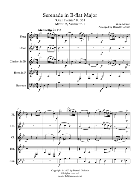 Mozart Serenade In Bb Major K 361 Gran Partita For Wind Quintet Mvmt 2 Menuetto I Sheet Music