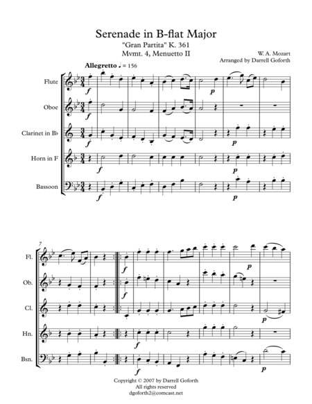 Mozart Serenade In Bb Major K 361 Gran Partita For Wind Quintet Mvmt 4 Menuetto Ii Sheet Music