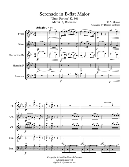 Mozart Serenade In Bb Major K 361 Gran Partita For Wind Quintet Mvmt 5 Romanze Sheet Music