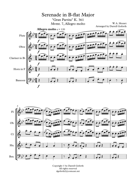 Mozart Serenade In Bb Major K 361 Gran Partita For Wind Quintet Mvmt 7 Allegro Molto Sheet Music