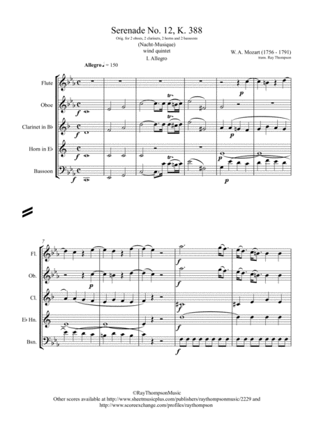 Mozart Serenade No 12 In C Minor K388 Mvt 1 Wind Quintet Sheet Music