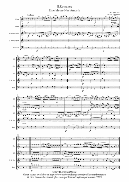 Mozart Serenade No 13 In G Eine Kleine Nachtmusik K 525 Mvt Ii Romance Wind Quintet Sheet Music