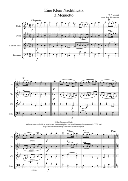 Free Sheet Music Mozart Serenade No 13 In G Eine Kleine Nachtmusik K525 Mvt Iii Menuetto And Trio Wind Quartet