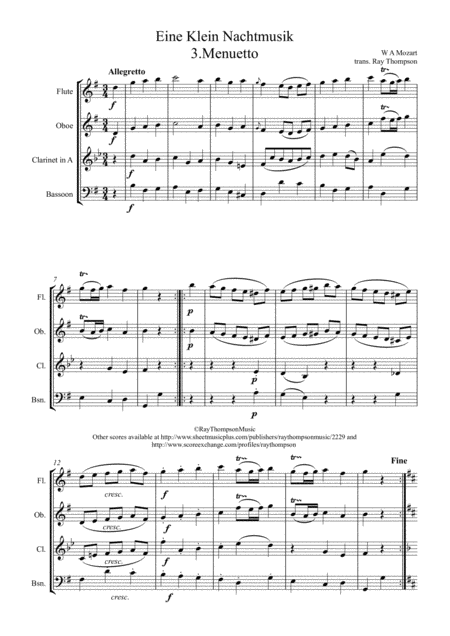 Mozart Serenade No 13 In G Eine Kleine Nachtmusik K525 Mvt Iii Menuetto And Trio Wind Quartet Sheet Music