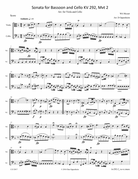 Free Sheet Music Mozart Sonata For Bassoon And Cello K 292 Mvt 2 Arranged For Viola And Cello