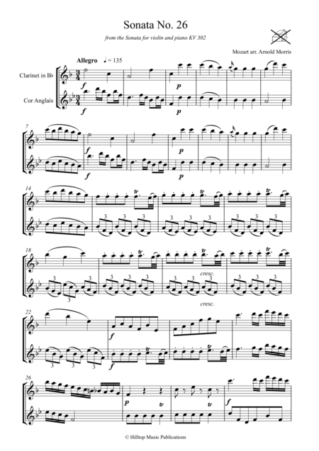 Mozart Sonata No 26 Arr Clarinet And Cor Anglais Sheet Music