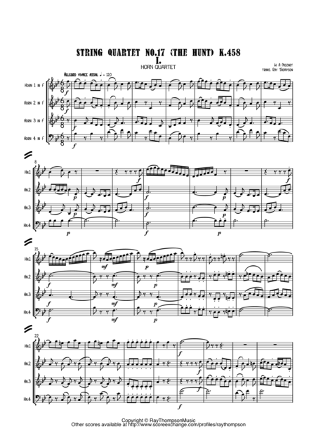 Mozart String Quartet No 17 The Hunt K 458 Mvt I Horn Quartet Sheet Music