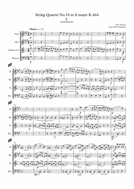 Free Sheet Music Mozart String Quartet No 18 In A Major K 464 Mvt 1 Wind Quartet