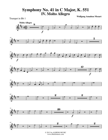 Free Sheet Music Mozart Symphony No 41 Jupiter Movement Iv Trumpet In Bb 1 Transposed Part K 551