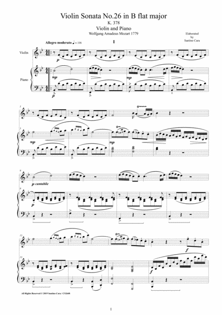 Mozart Violin Sonata No 26 In B Flat K 378 For Violin And Piano Score And Part Sheet Music