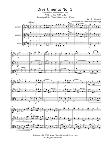 Mozart W Divertimento No 5 Mvt 1 For Two Violins And Viola Sheet Music