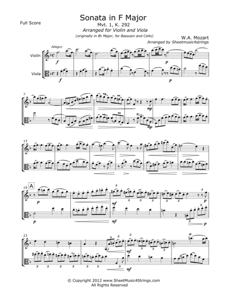 Free Sheet Music Mozart W Sonata In F Mvt 1 For Violin And Viola