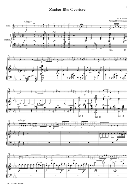 Mozart Zauberflote Overture For Violin Piano Vm006 Sheet Music