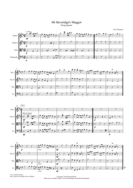 Mr Beveridges Maggot Theme And Variations String Quartet Sheet Music