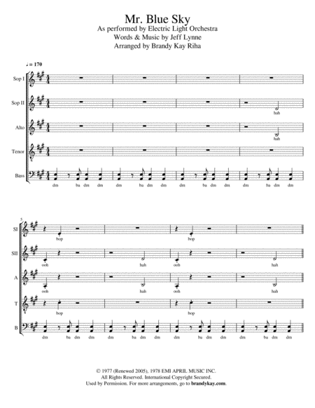 Mr Blue Sky Ssatb A Cappella Sheet Music