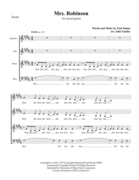 Free Sheet Music Mrs Robinson Simon Garfunkel For Mixed Quartet A Cappella