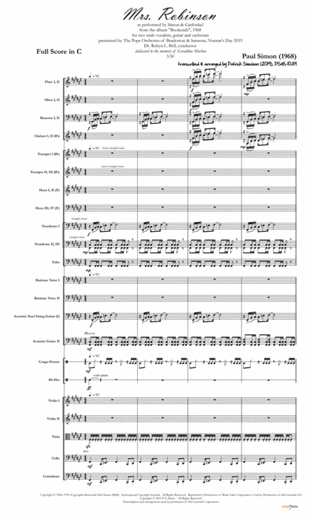 Mrs Robinson Simon Garfunkel For Two Male Vocalists Two Guitars Full Orchestra Sheet Music