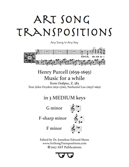 Music For A While In 3 Medium Keys G F Sharp F Minor Sheet Music