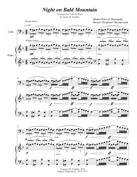 Mussorgsky Night On Bald Mountain For Cello Piano Sheet Music