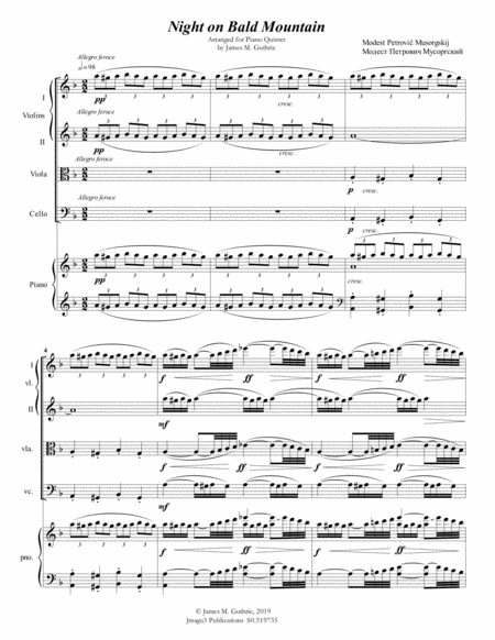 Mussorgsky Night On Bald Mountain For Piano Quintet Sheet Music