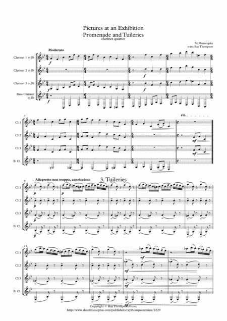 Mussorgsky Pictures At An Exhibition Promenade No 3 And No 3 Tuileries Clarinet Quartet Sheet Music