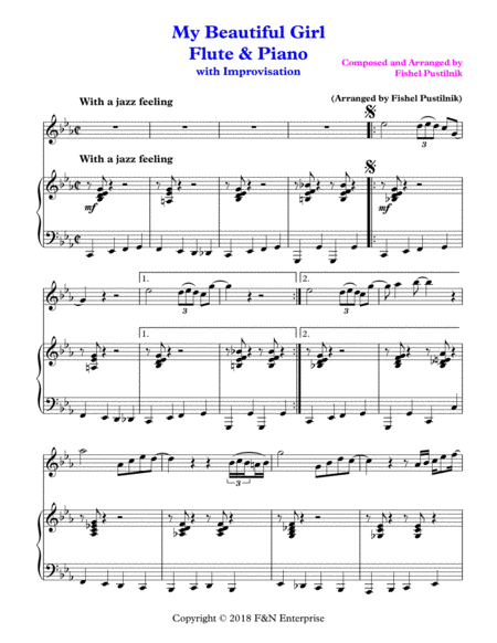Free Sheet Music My Beautiful Girl Piano Background For Flute And Piano With Improvisation Video