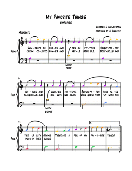 My Favorite Things Easy Musicolor Notation Sheet Music