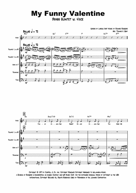 My Funny Valentine Jazz Ballad Brass Quintet Voice Arr Thomas H Graf Sheet Music