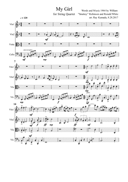 Free Sheet Music My Girl For String Quartet