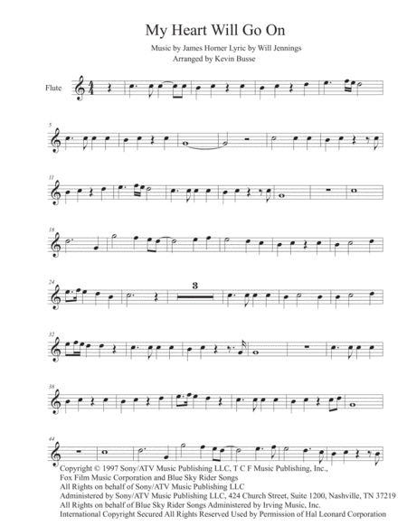 My Heart Will Go On Easy Key Of C Flute Sheet Music