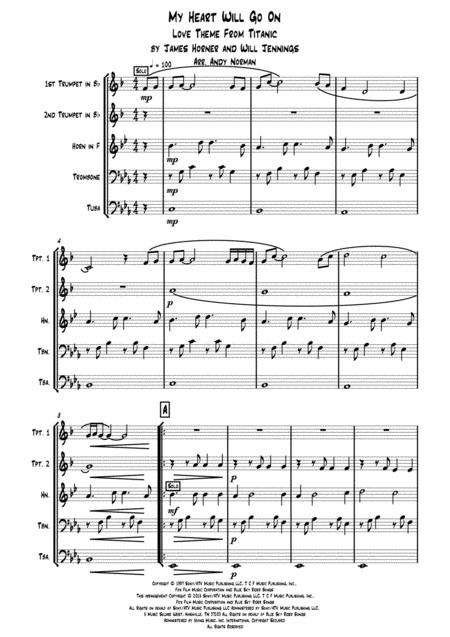 Free Sheet Music My Heart Will Go On Love Theme From Titanic Brass Quintet