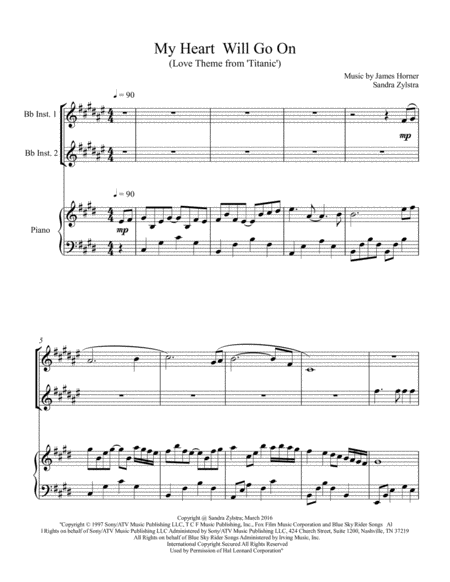 Free Sheet Music My Heart Will Go On Love Theme From Titanic Treble Bb Instrument Duet