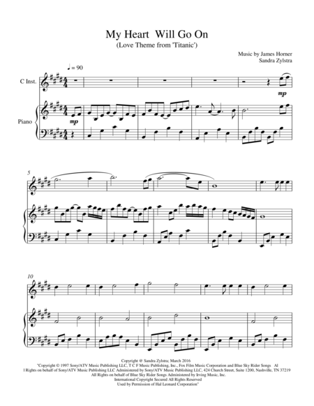 Free Sheet Music My Heart Will Go On Treble C Instrument Solo