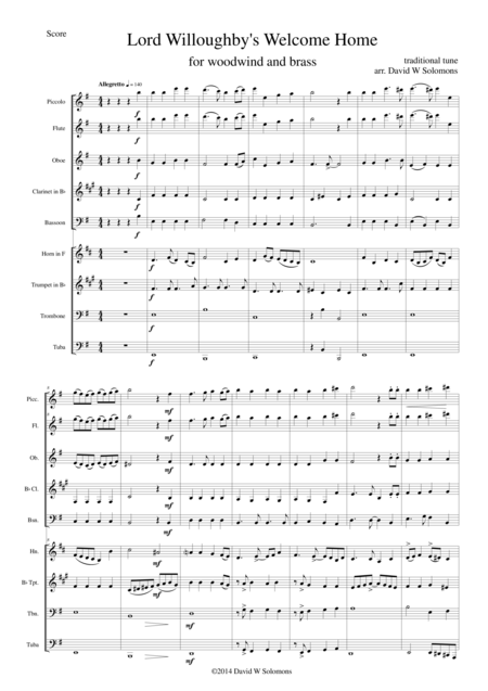 My Lord Willoughbys Welcome Home Woodwind And Brass Nonet Version Sheet Music