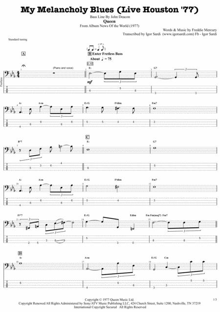 My Melancholy Blues Live Houston 77 Queen John Deacon Complete And Accurate Bass Transcription Whit Tab Sheet Music